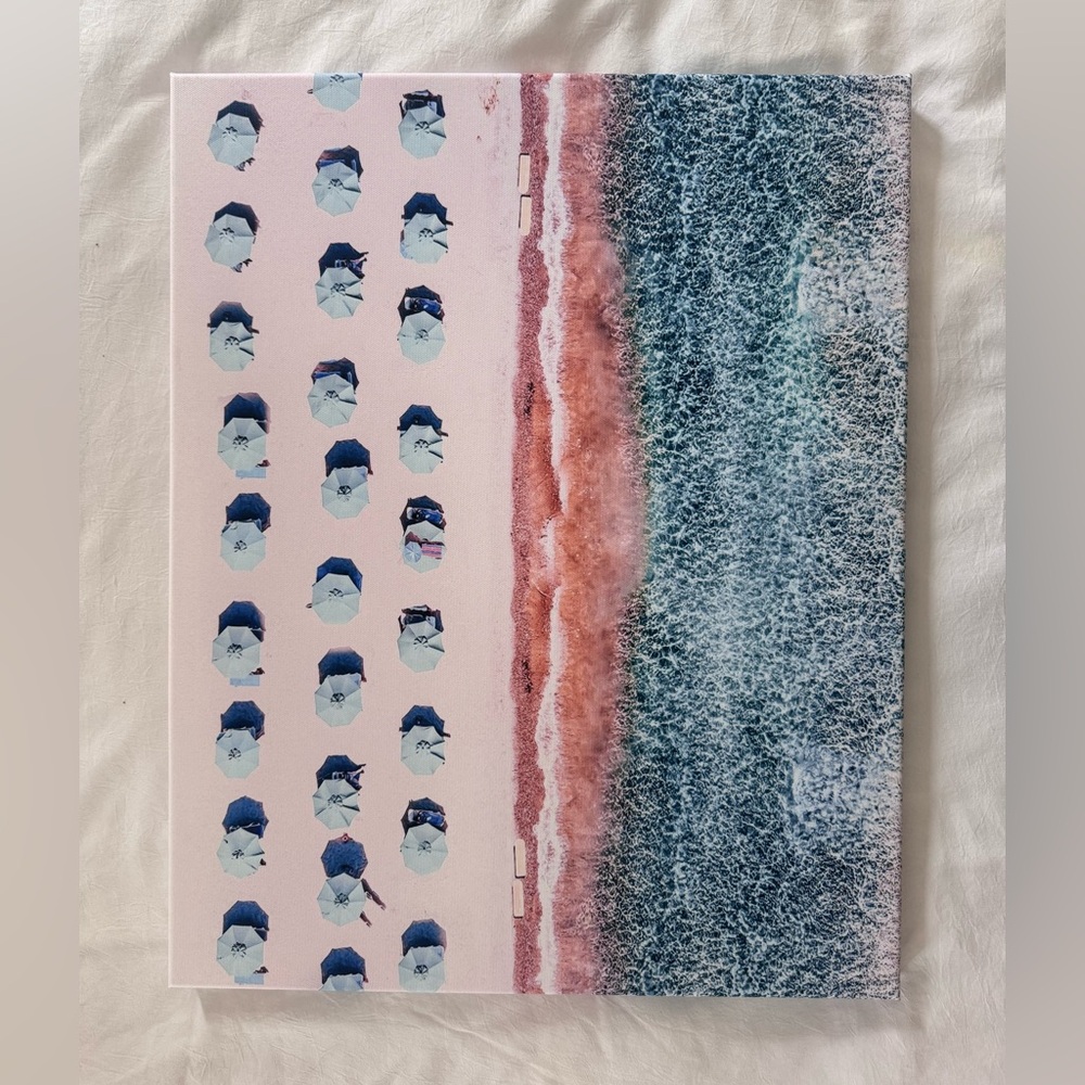 Beach Surf Sand Umbrella Canvas Print - Brown, Blue, Pink and White - 16”x20”